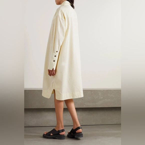 Ganni Striped Organic Cotton Seersucker Midi Shirt Dress Yellow Cream - Picture 2 of 7
